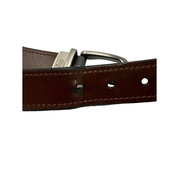 Fossil Leather Belt Black/Brown Silver Tone Logo Buckle Size 38 - Picture 5 of 7